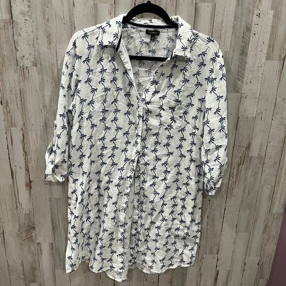 NWOT Talbots White Blue Palm Tree Button Up Swim Coverup Tunic Summer Womens XS - Picture 1 of 8